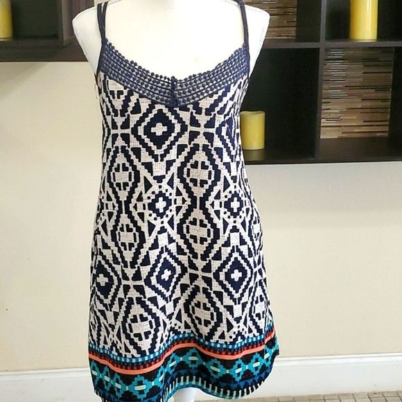 Zoe & Rose Boho Navy & White Lace Flowy Summer Festival Silky Shift Mini Dress - Picture 1 of 13
